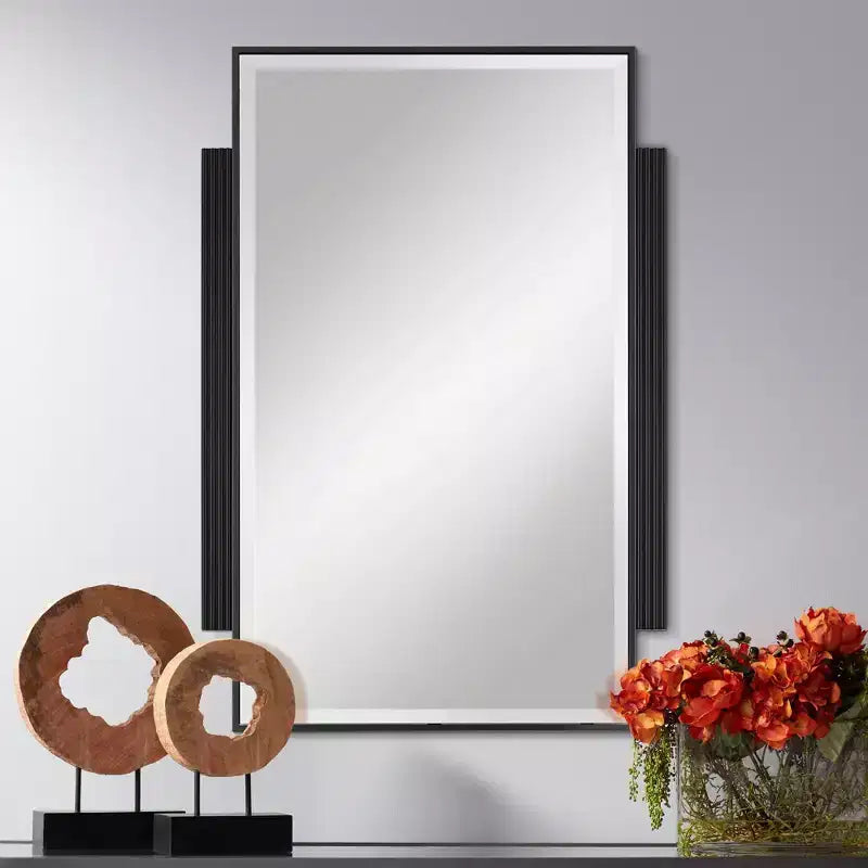 Specchio da parete decorativo rettangolare Noble Park Gareth, moderno, con bordo smussato, cornice in metallo nero e legno, 27" di larghezza, per bagno, camera da letto, casa