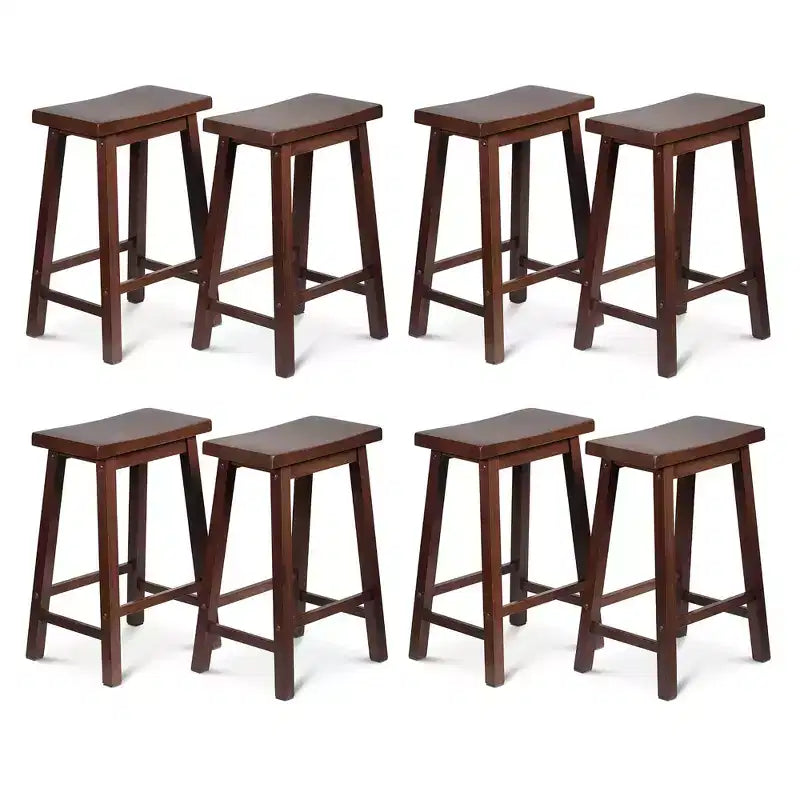PJ Wood Classic Saddle-Seat 24 Tall Kitchen Counter Stools for Homes, Dining Spaces, and Bars w/ Backless Seats, 4 Square Legs, Walnut (Set of 8)