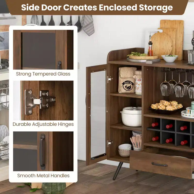 Costway Mobile Dispensa Cucina con Portabicchieri da Vino a 3 Scomparti, Scaffale Rimovibile, Anta in Vetro Temperato e Kit Antiribaltamento