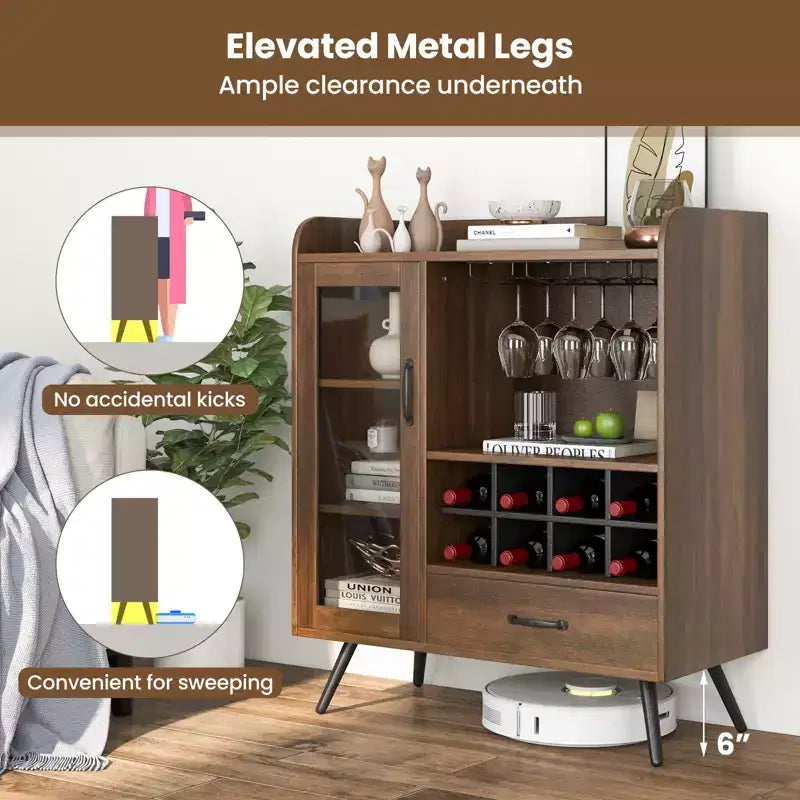 Costway Mobile Dispensa Cucina con Portabicchieri da Vino a 3 Scomparti, Scaffale Rimovibile, Anta in Vetro Temperato e Kit Antiribaltamento