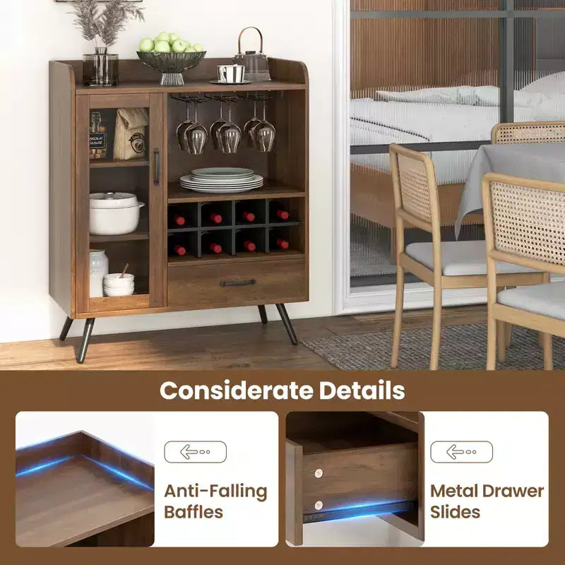 Costway Mobile Dispensa Cucina con Portabicchieri da Vino a 3 Scomparti, Scaffale Rimovibile, Anta in Vetro Temperato e Kit Antiribaltamento