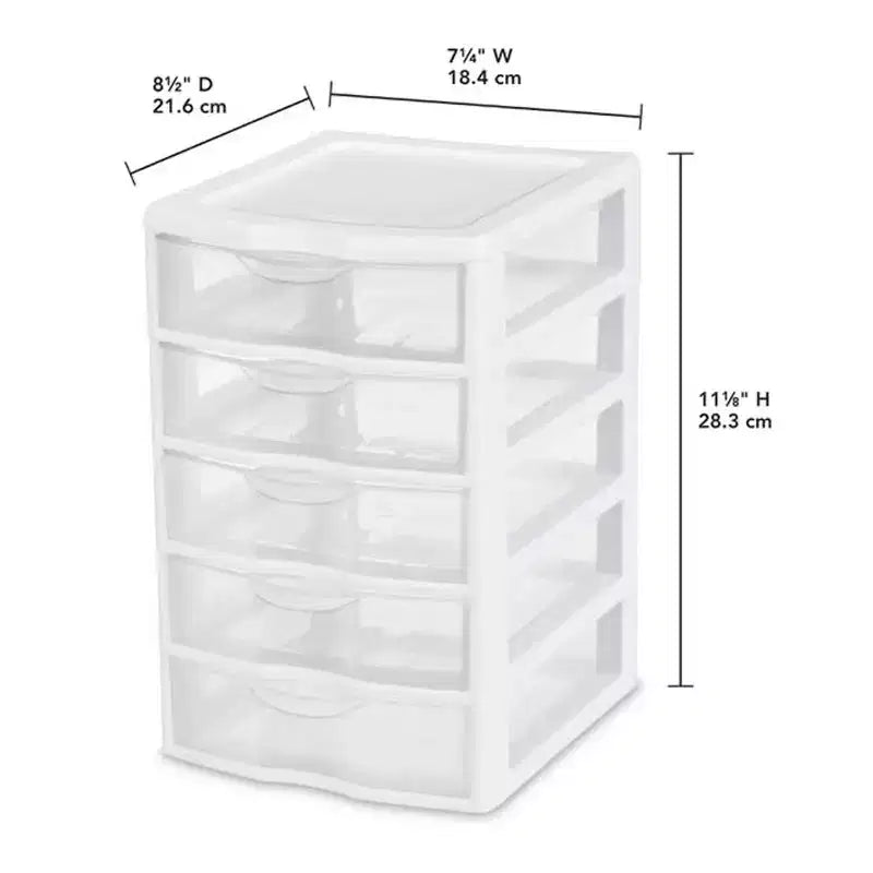 Sistema di archiviazione a 5 cassetti impilabili in plastica trasparente piccola Sterilite Clearview per l'organizzazione di desktop e cassetti per articoli di cancelleria o penne