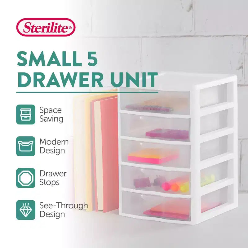 Sistema di archiviazione a 5 cassetti impilabili in plastica trasparente piccola Sterilite Clearview per l'organizzazione di desktop e cassetti per articoli di cancelleria o penne