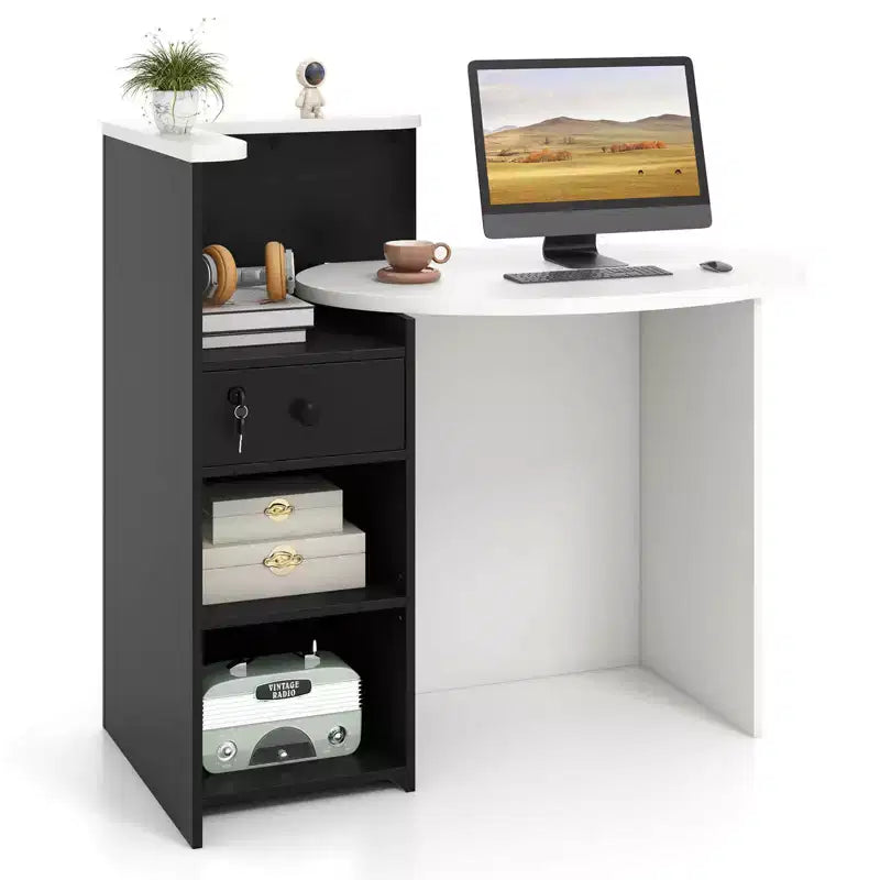 Costway Front Reception Counter Desk Checkout Office Desk with Open Shelf & Lockable Drawer White/Brown/Black