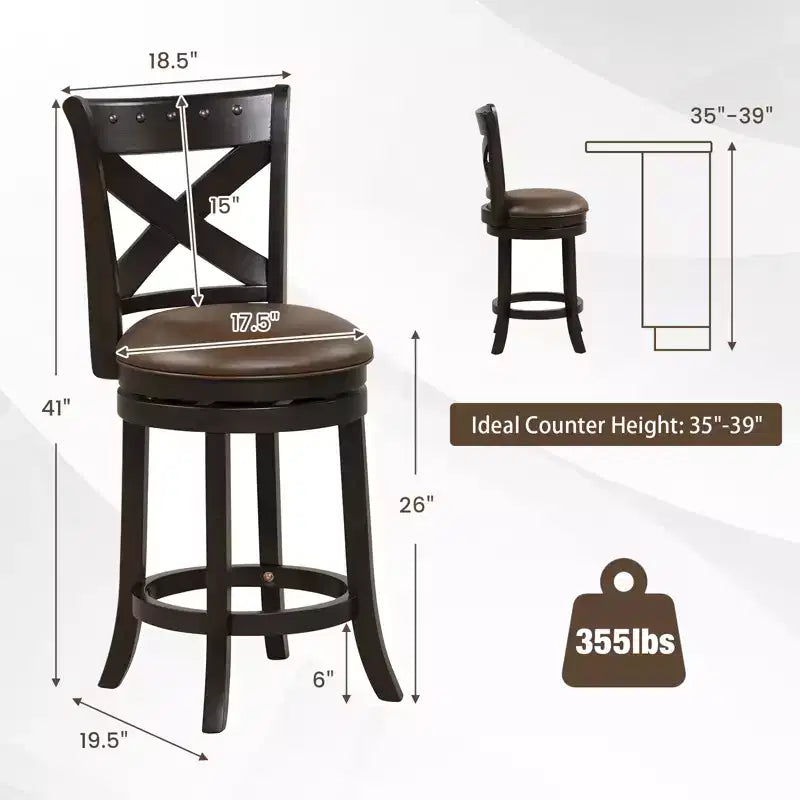 Sgabello da bar girevole Costway 26 con seduta in pelle PU, gambe in legno di gomma e poggiapiedi, altezza da bancone