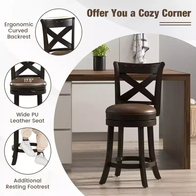Sgabello da bar girevole Costway 26 con seduta in pelle PU, gambe in legno di gomma e poggiapiedi, altezza da bancone