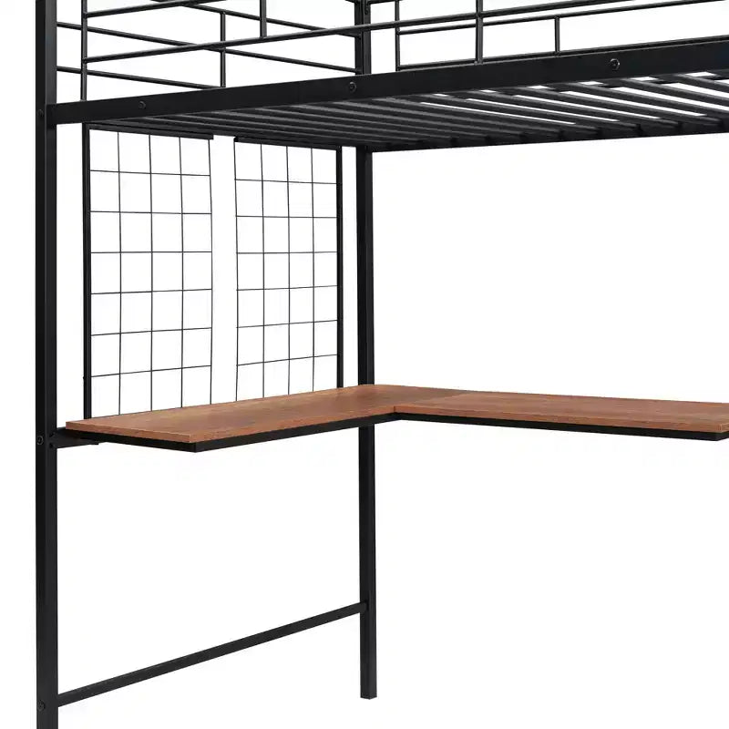 Letto a soppalco matrimoniale in metallo con scrivania e griglia metallica, elegante letto con struttura in metallo, scala contenitore e armadio - ModernLuxe