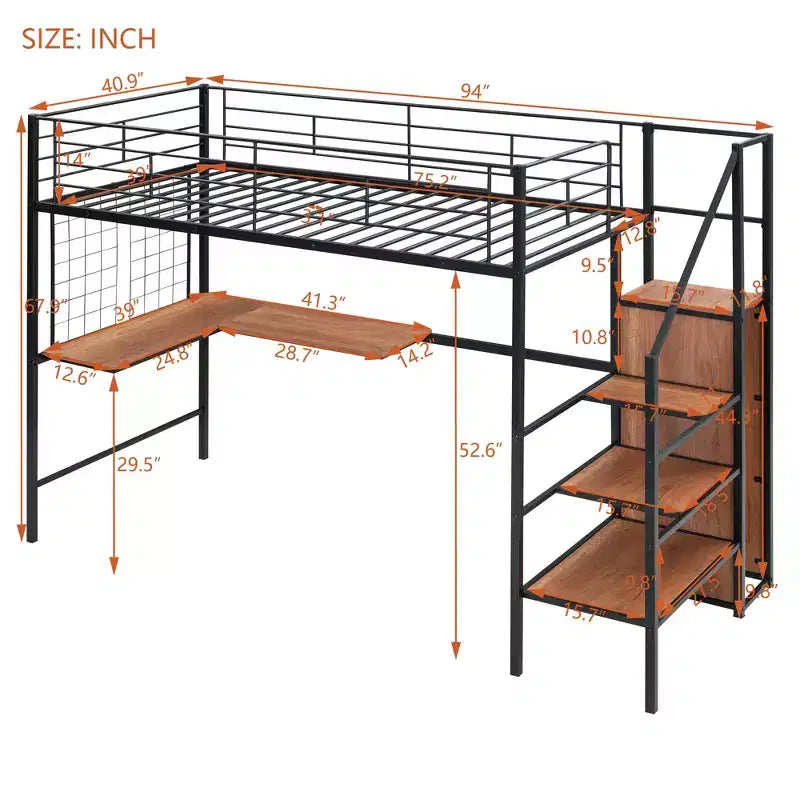 Letto a soppalco matrimoniale in metallo con scrivania e griglia metallica, elegante letto con struttura in metallo, scala contenitore e armadio - ModernLuxe