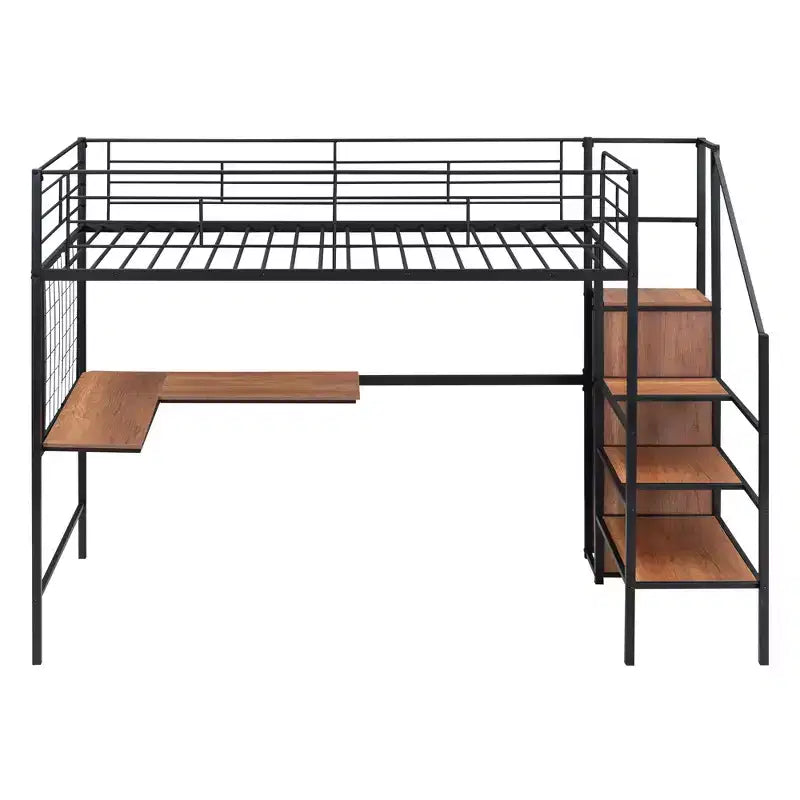 Letto a soppalco matrimoniale in metallo con scrivania e griglia metallica, elegante letto con struttura in metallo, scala contenitore e armadio - ModernLuxe