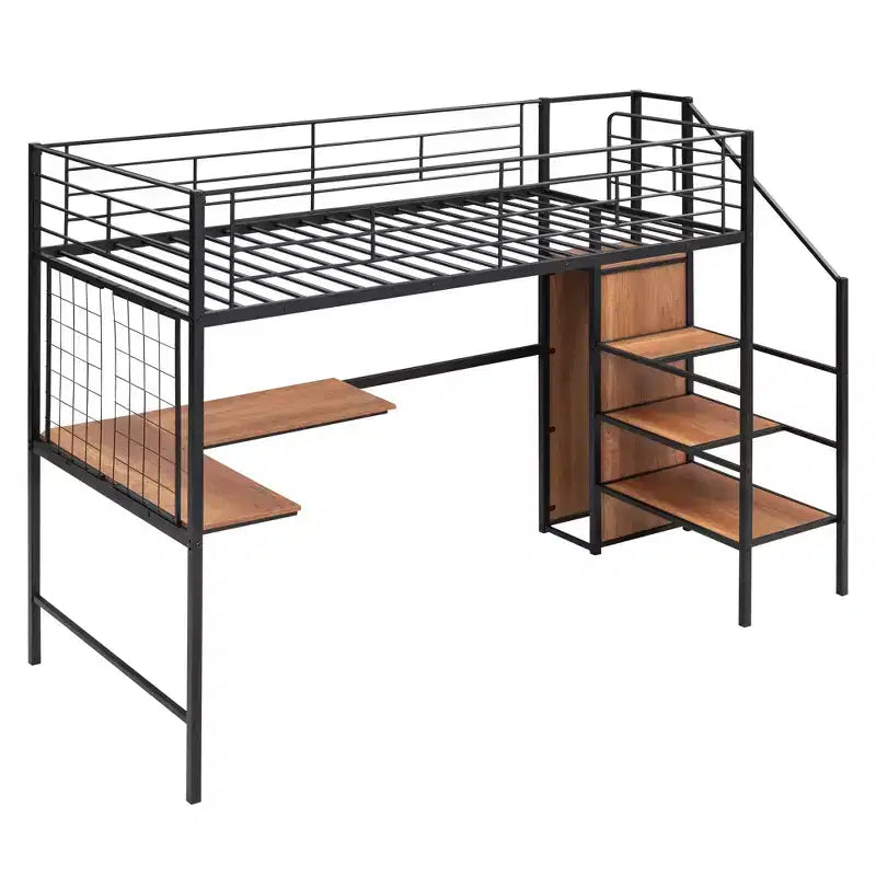 Letto a soppalco matrimoniale in metallo con scrivania e griglia metallica, elegante letto con struttura in metallo, scala contenitore e armadio - ModernLuxe