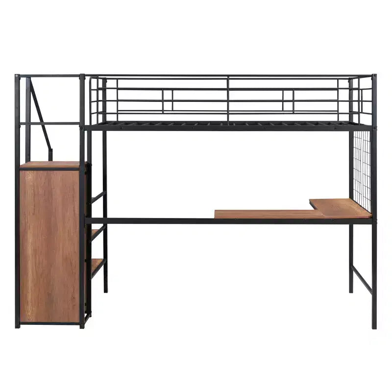 Letto a soppalco matrimoniale in metallo con scrivania e griglia metallica, elegante letto con struttura in metallo, scala contenitore e armadio - ModernLuxe