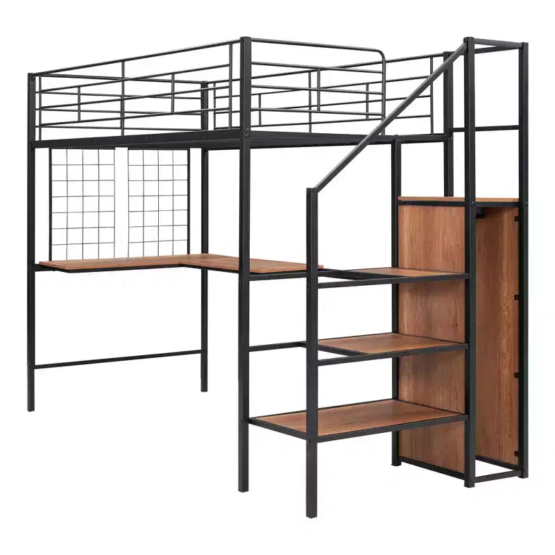 Letto a soppalco matrimoniale in metallo con scrivania e griglia metallica, elegante letto con struttura in metallo, scala contenitore e armadio - ModernLuxe