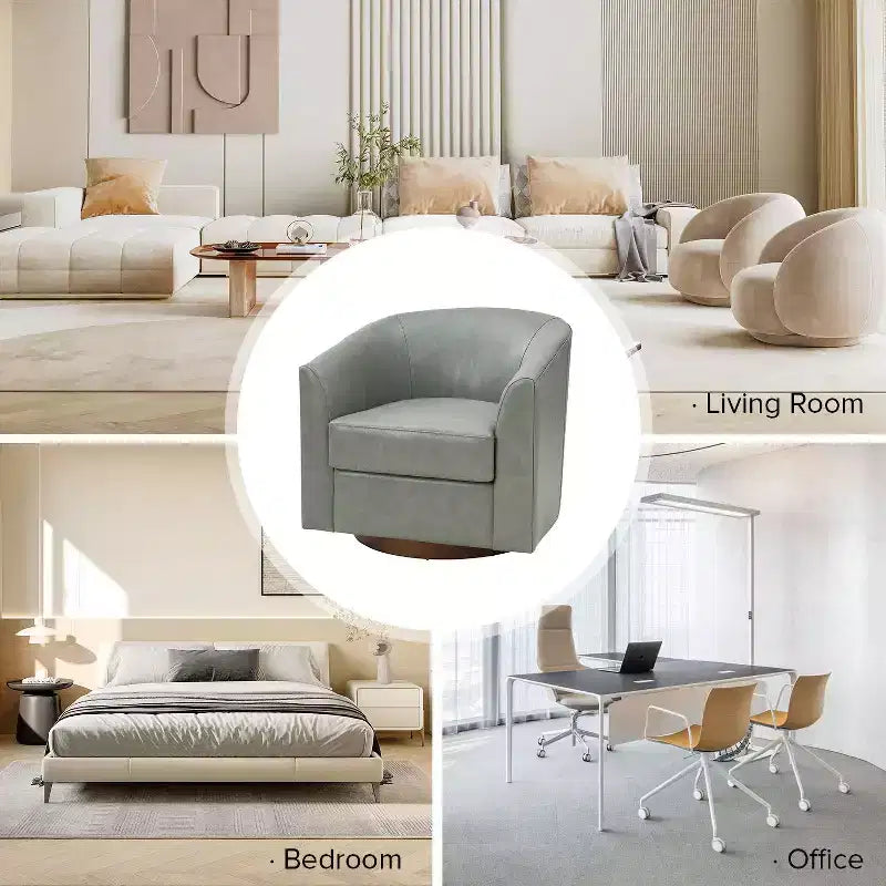 Poltrona a botte girevole a 360 gradi Molly Modern in vera pelle con base in legno massello|ART OF LIVING DESIGNS