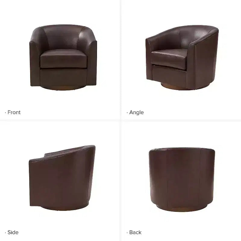 Poltrona a botte girevole a 360 gradi Molly Modern in vera pelle con base in legno massello|ART OF LIVING DESIGNS