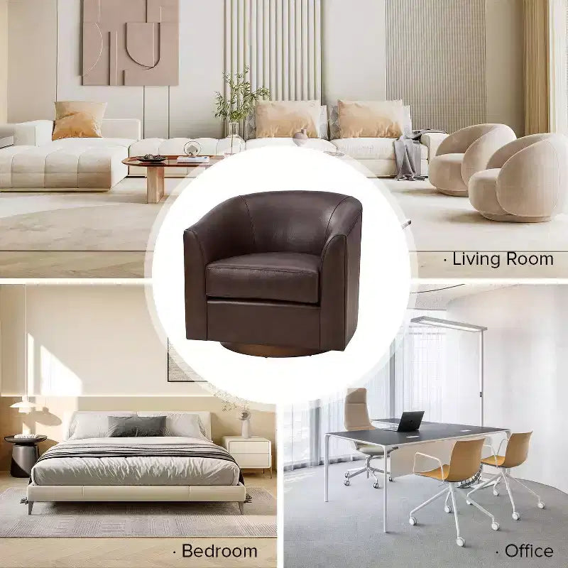 Poltrona a botte girevole a 360 gradi Molly Modern in vera pelle con base in legno massello|ART OF LIVING DESIGNS