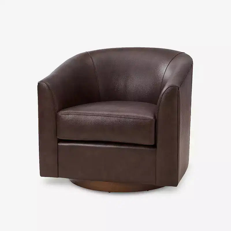 Poltrona a botte girevole a 360 gradi Molly Modern in vera pelle con base in legno massello|ART OF LIVING DESIGNS