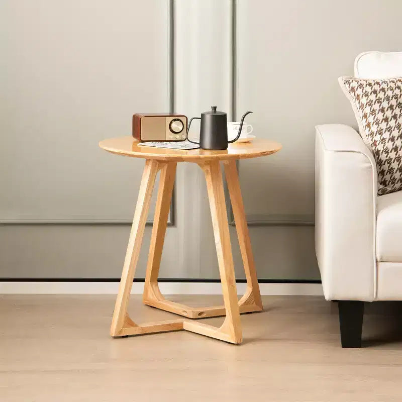 Tavolino rotondo Costway 24 in legno massello di gomma, comodino/divano per piccoli spazi, marrone/naturale