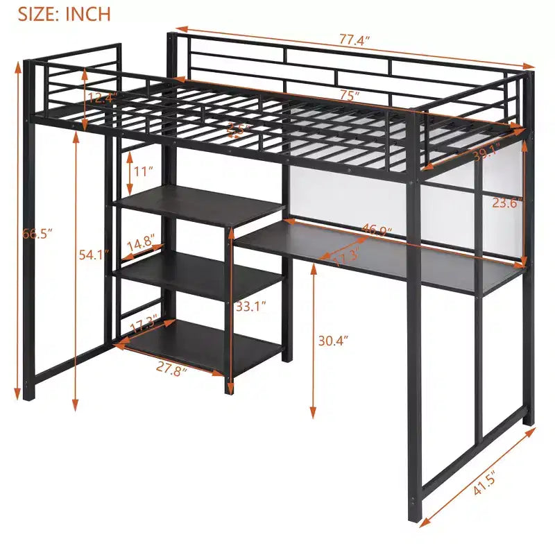 Letto a soppalco singolo/matrimoniale con scrivania e lavagna, letto in metallo con 3 mensole e scaletta - ModernLuxe