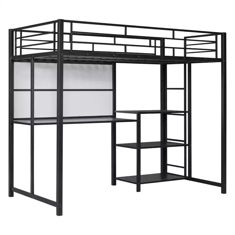 Letto a soppalco singolo/matrimoniale con scrivania e lavagna, letto in metallo con 3 mensole e scaletta - ModernLuxe