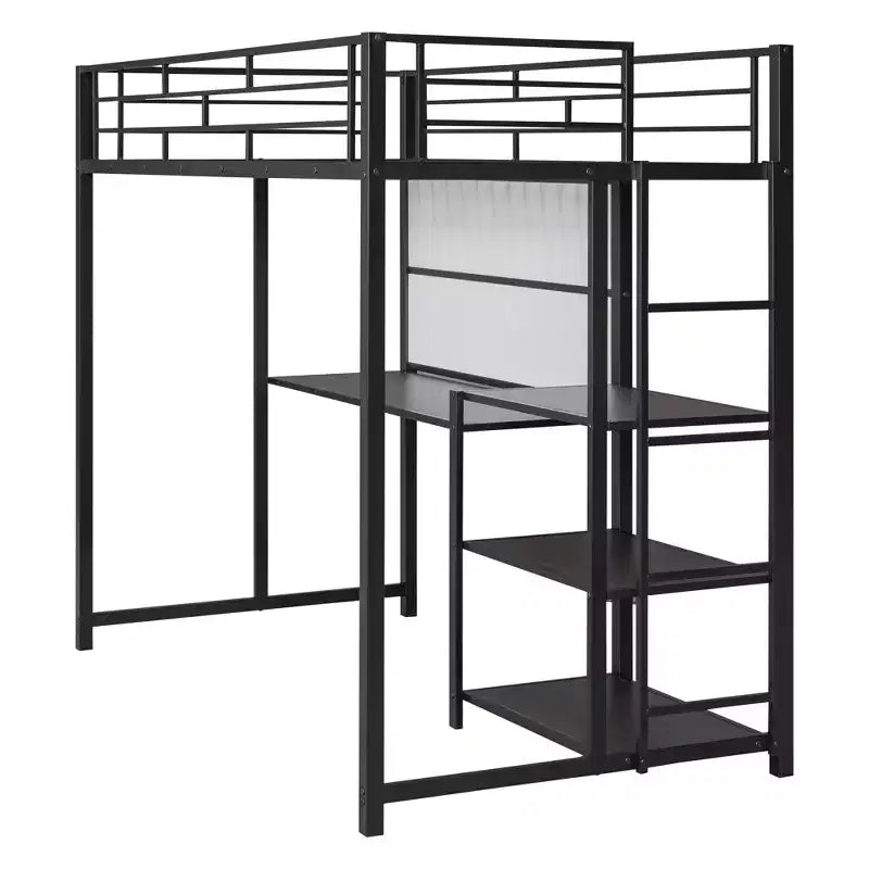 Letto a soppalco singolo/matrimoniale con scrivania e lavagna, letto in metallo con 3 mensole e scaletta - ModernLuxe