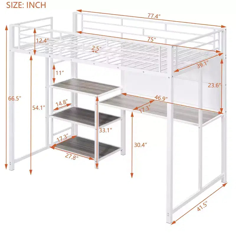 Letto a soppalco singolo/matrimoniale con scrivania e lavagna, letto in metallo con 3 mensole e scaletta - ModernLuxe