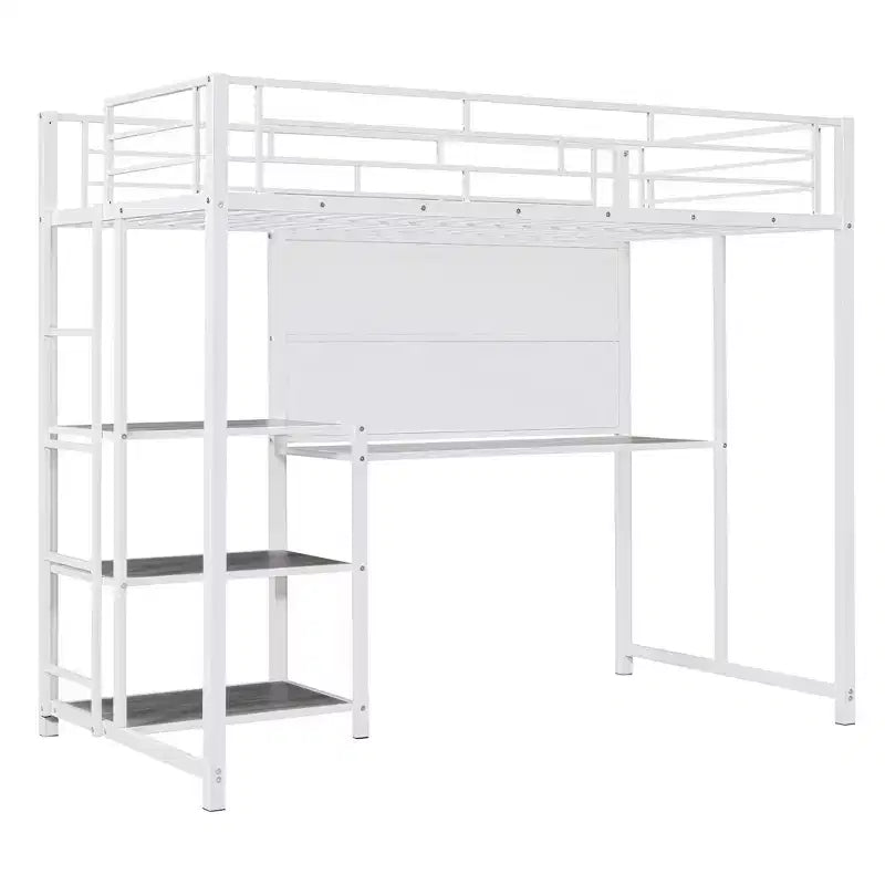 Letto a soppalco singolo/matrimoniale con scrivania e lavagna, letto in metallo con 3 mensole e scaletta - ModernLuxe