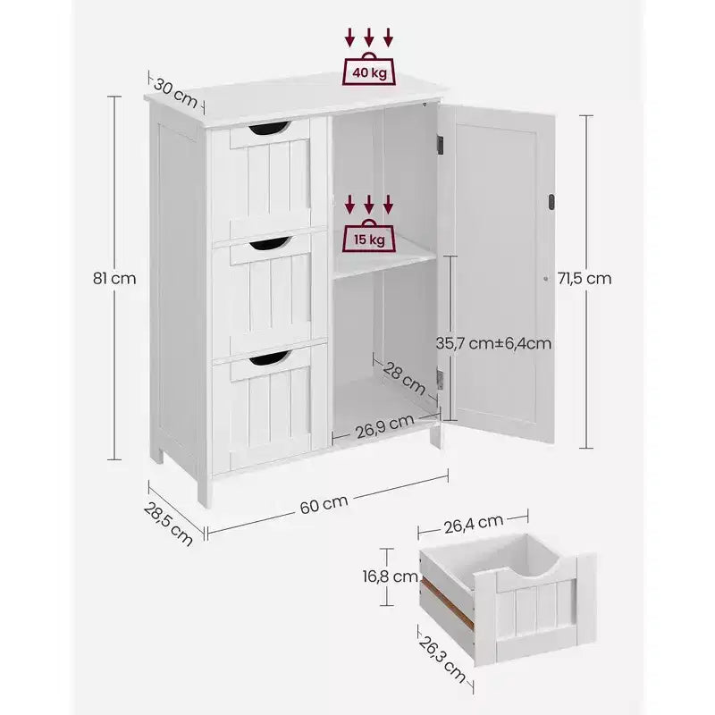 VASAGLE Mobiletto da Bagno a Terra, Mobile da Bagno Indipendente, con 3 Grandi Cassetti e 1 Ripiano Regolabile, 30 x 60 x 81 cm