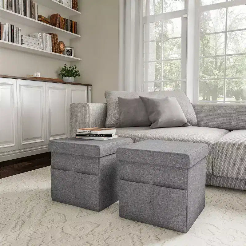 Hasting Home Set di 2 Pouf Pieghevoli con Tasche Portaoggetti