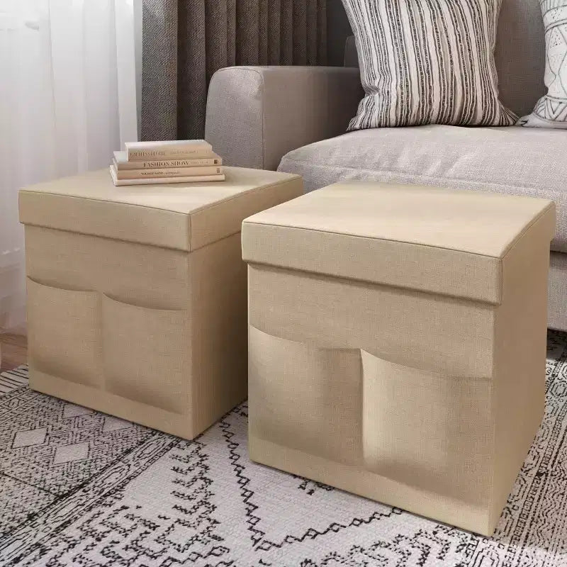 Hasting Home Set of 2 Folding Ottomans with Storage Pockets