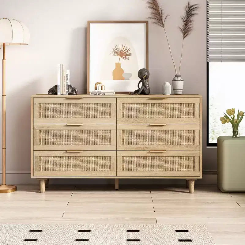 Cassettiera a 6 cassetti in rattan per soggiorno e camera da letto, naturale - ModernLuxe