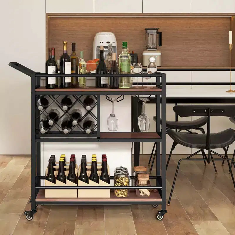Carrello da bar a 3 ripiani Costway su ruote, carrello da portata per cucina domestica con portabottiglie e portabicchieri marrone rustico/marrone