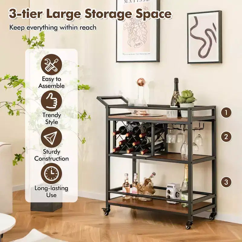 Carrello da bar a 3 ripiani Costway su ruote, carrello da portata per cucina domestica con portabottiglie e portabicchieri marrone rustico/marrone
