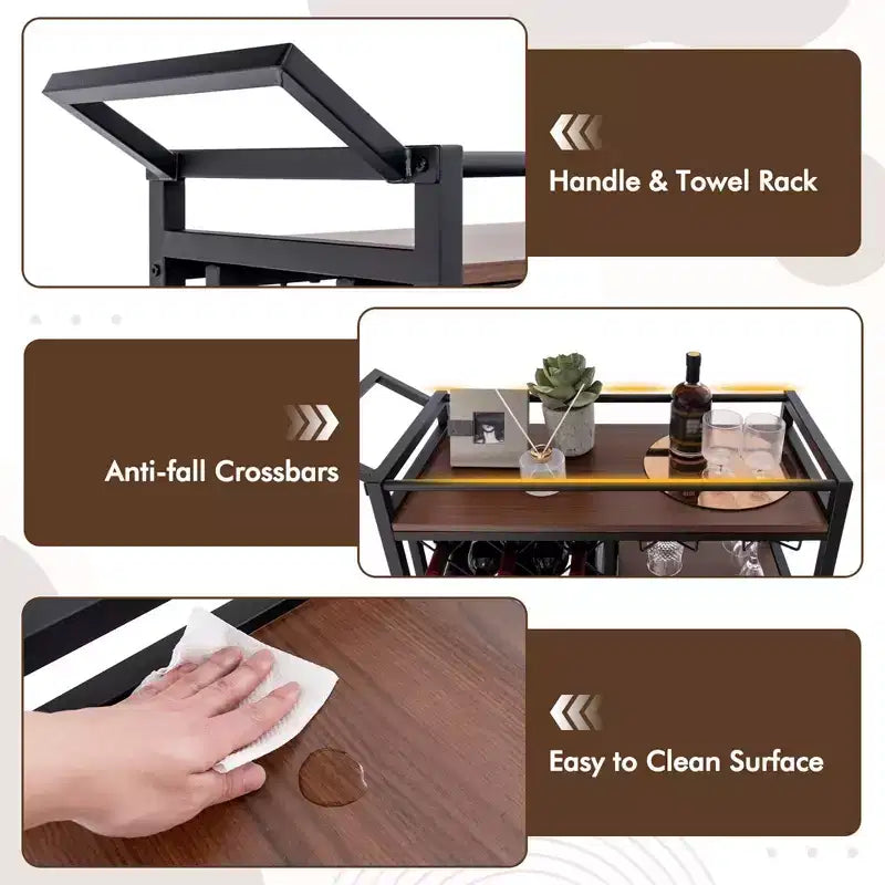 Carrello da bar a 3 ripiani Costway su ruote, carrello da portata per cucina domestica con portabottiglie e portabicchieri marrone rustico/marrone