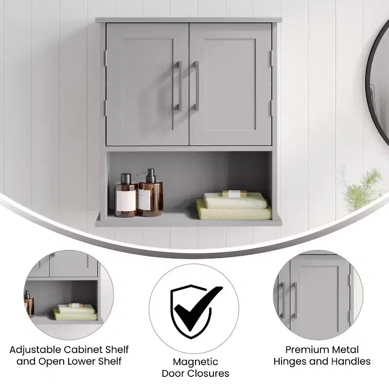 Pensile da bagno Merrick Lane con ripiano regolabile, ripiano inferiore aperto e ante con chiusura magnetica