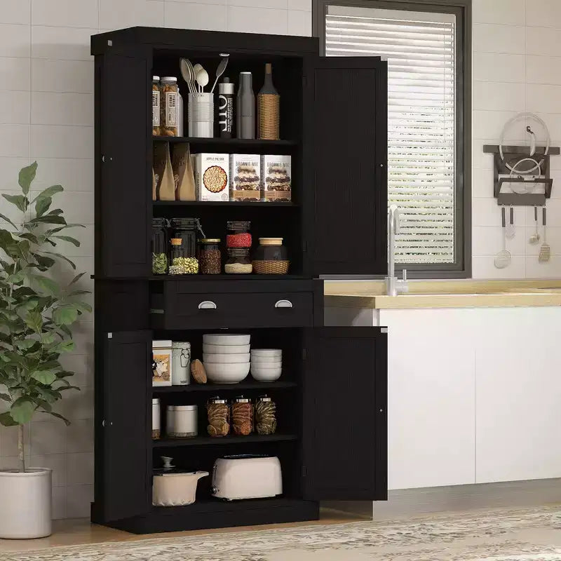 HOMCOM Dispensa da Cucina Tradizionale Autoportante 72" con 2 Armadietti, Cassetto e Ripiani Regolabili, Venatura del Legno Nera