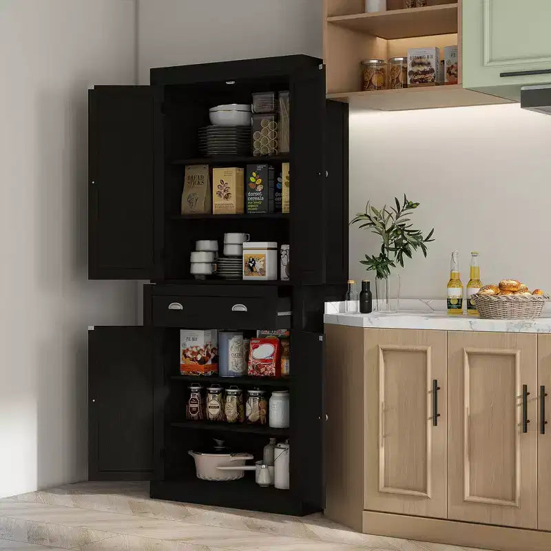 HOMCOM Dispensa da Cucina Tradizionale Autoportante 72" con 2 Armadietti, Cassetto e Ripiani Regolabili, Venatura del Legno Nera