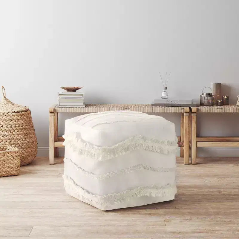 Sweet Jojo Designs Copripouf Ottomano in Tessuto Sgualcito con Frange Boho Avorio - Inserto Non Incluso