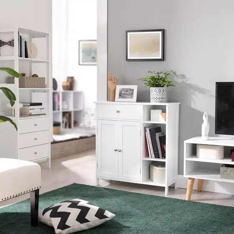 VASAGLE Mobiletto, Mobile Contenitore a Terra Indipendente con Cassetto, 3 Scomparti Aperti, Ripiani Regolabili, Bianco Opaco