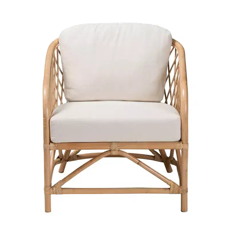 Poltrona bali & pari Patsy in tessuto bianco e rattan naturale stile bohémien moderno