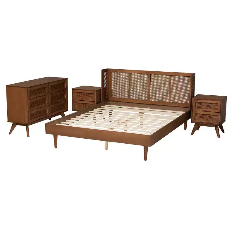 Set da camera da letto Baxton Studio Rina in legno di noce e rattan sintetico in stile Mid-Century Modern