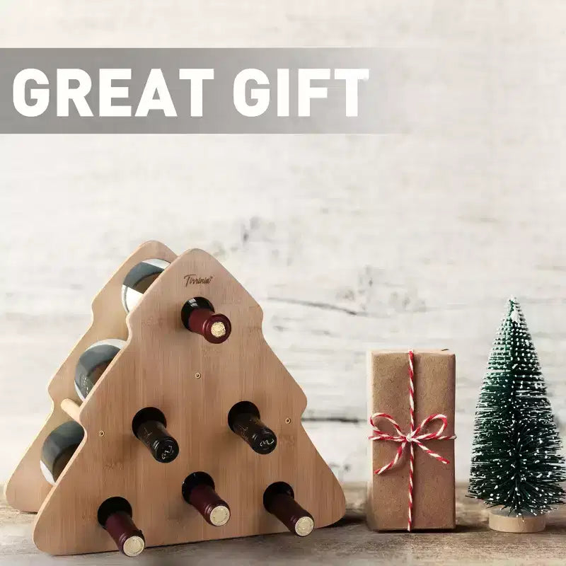 Tirrinia Portabottiglie da Vino a Forma di Albero di Natale in Bambù - Supporto Autoportante per 6 Bottiglie per Cucina, Bar e Conservazione Domestica