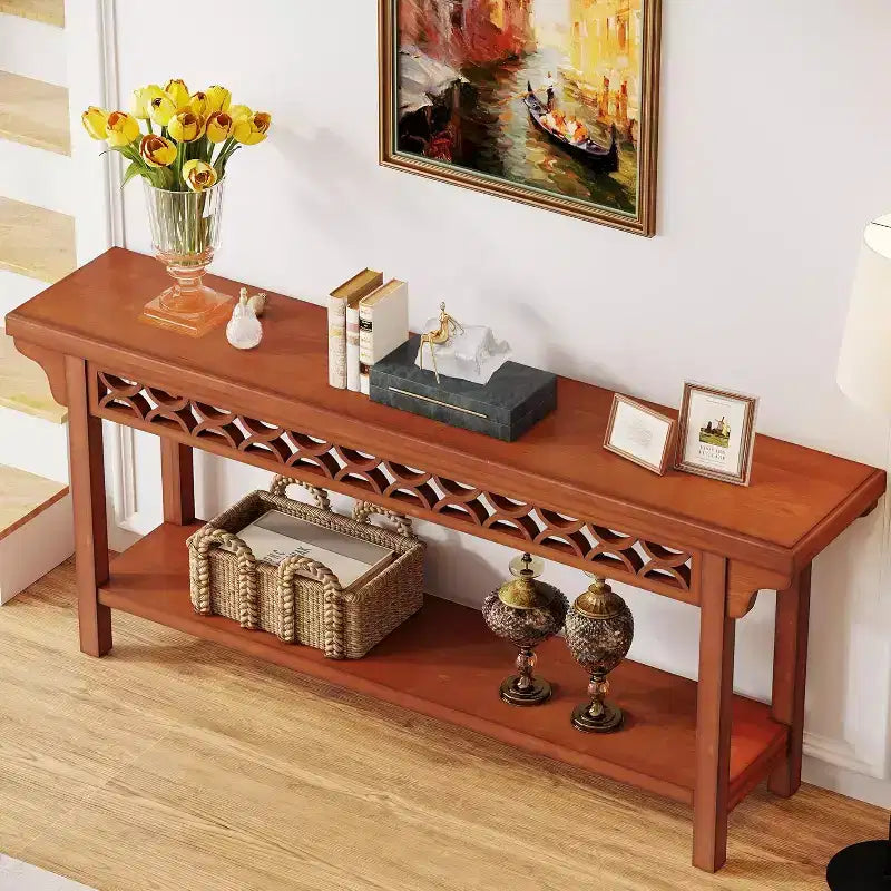 Consolle lunga in legno massello Lantine 70.8, tavolo da divano rustico con contenitore, tavolino stretto per soggiorno ingresso corridoio