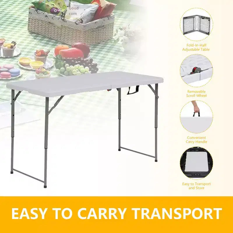 Tavolo Pieghevole Portatile 120 cm HDPE Interno Esterno Banchetto Festa Campeggio con Maniglia, Bianco