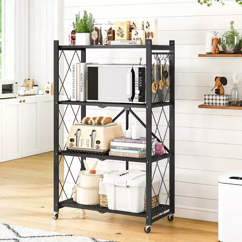 Scaffale portaoggetti pieghevole a 4 ripiani con ruote, portata 272 kg, nessun assemblaggio richiesto, in acciaio, colore nero