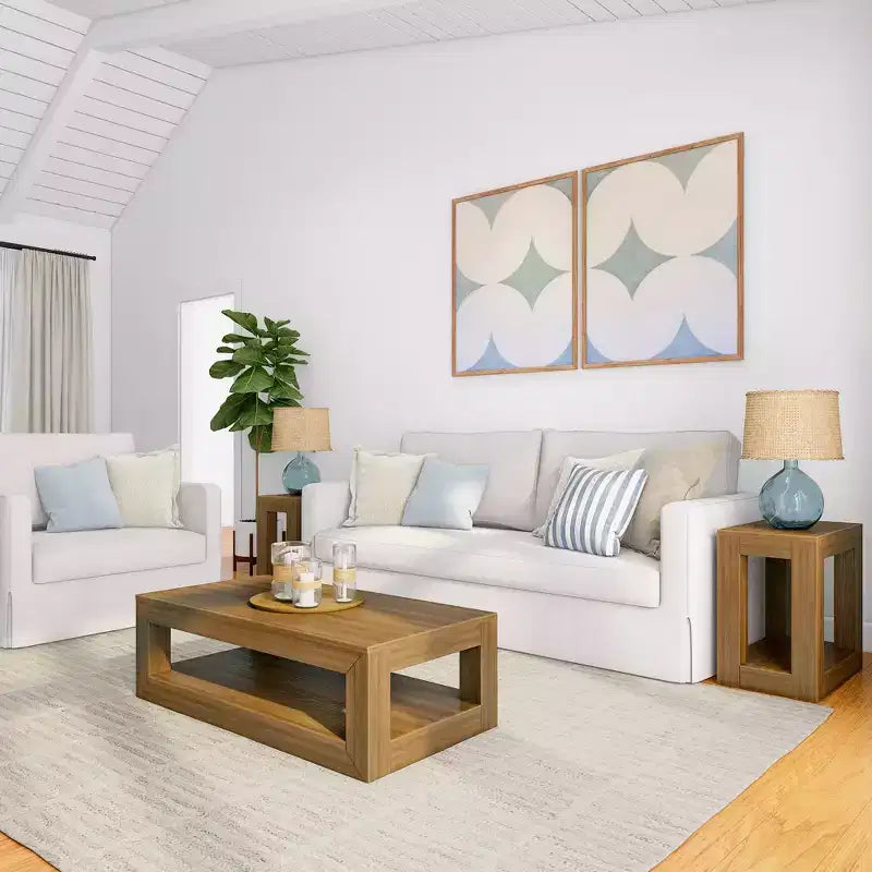 Tavolino da salotto rettangolare moderno Plank+Beam 40 con ripiano, Tavolo in legno massiccio con contenitore