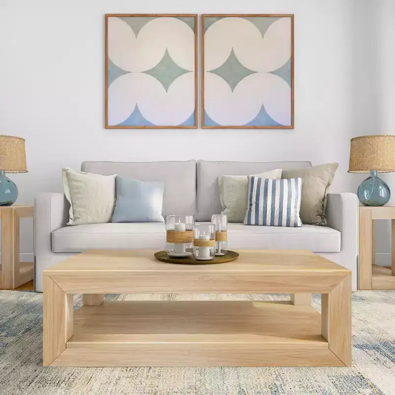 Tavolino da salotto rettangolare moderno Plank+Beam 40 con ripiano, Tavolo in legno massiccio con contenitore