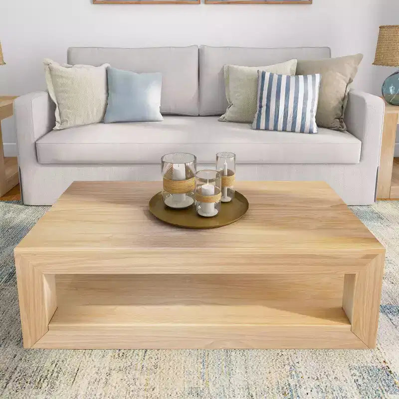 Tavolino da salotto rettangolare moderno Plank+Beam 40 con ripiano, Tavolo in legno massiccio con contenitore