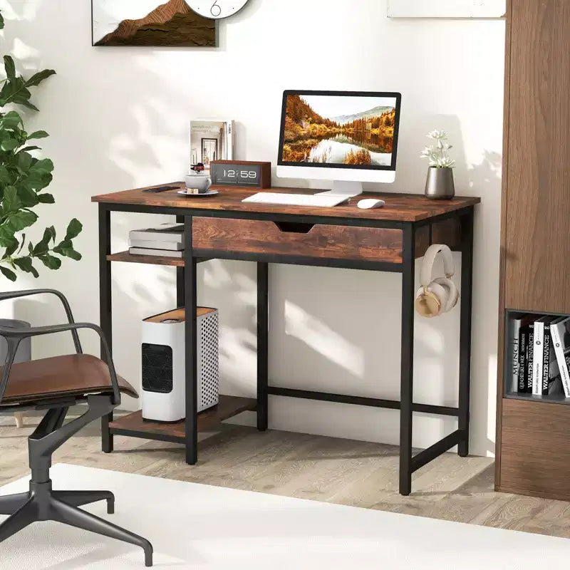 Scrivania per computer Costway con prese di corrente Scrivania da ufficio con cassetto, ripiano regolabile Ganci per cuffie