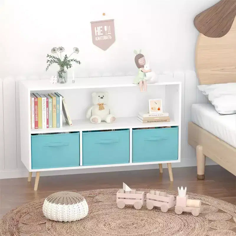 Libreria per bambini con 4 scomparti, organizer per giocattoli con cassetti in tessuto pieghevoli, espositore per libri per la cameretta dei bambini, la sala giochi e l'asilo nido