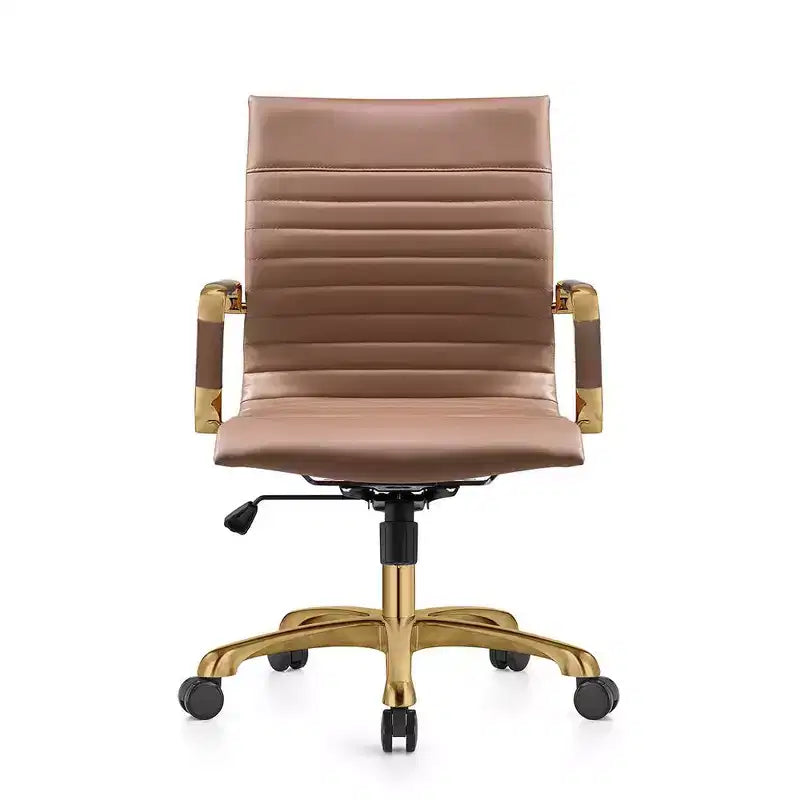 LeisureMod Harris Sedia da ufficio senza braccioli – Pelle a coste con struttura in metallo dorato – Moderna sedia da scrivania girevole e reclinabile